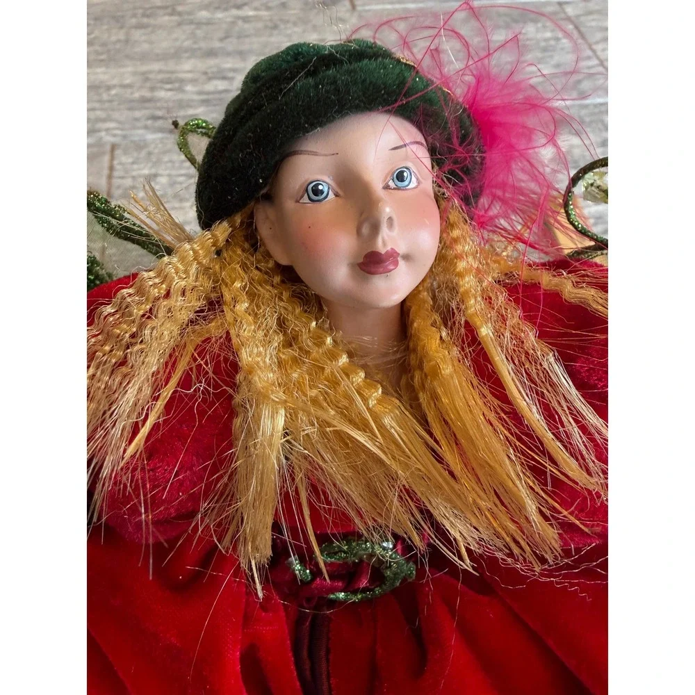Christmas Fairy Ornament Doll Shelf Sitter Wings Porcelain Fantasy Garden Velvet